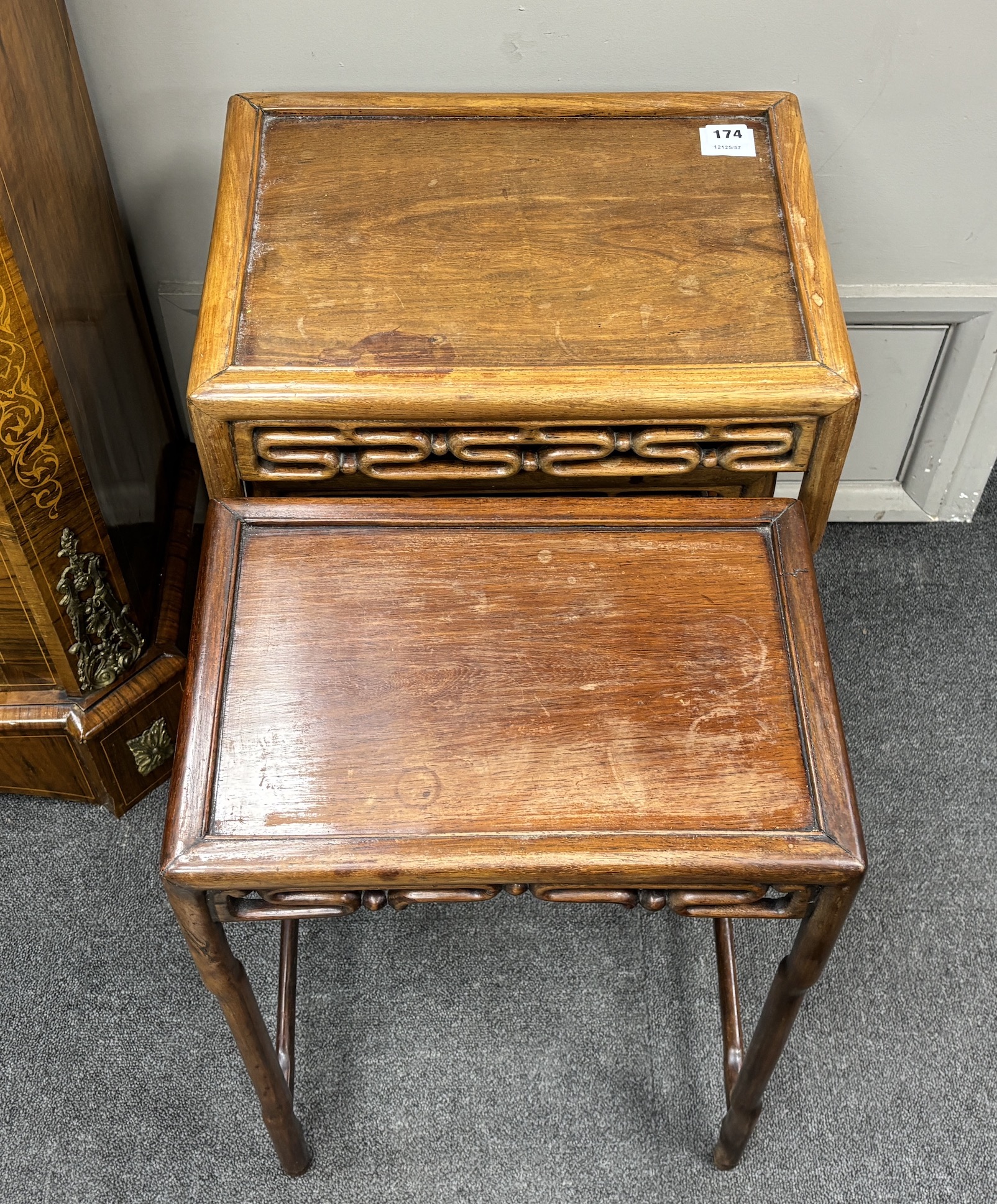 A nest of three Chinese tea tables, width 44cm, depth 32cm, height 62cm, and one other